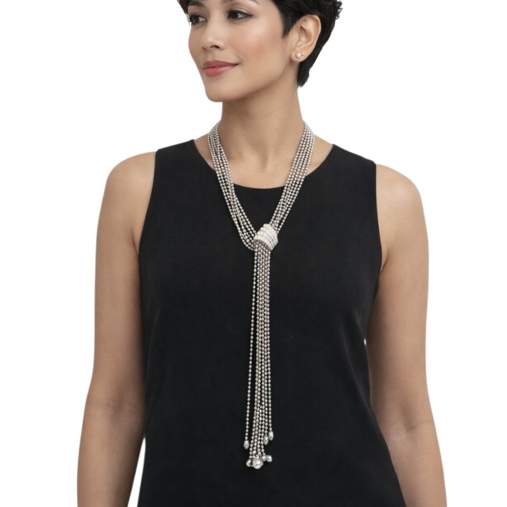 Silver Beads & Rhinestone Lariat Sautoir Necklace | 22” Adjustable